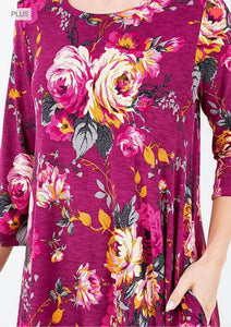Floral Delight Dress In Burgundy. Curvy
