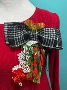 Black Plaid Holiday Bow Brooche - Handmade