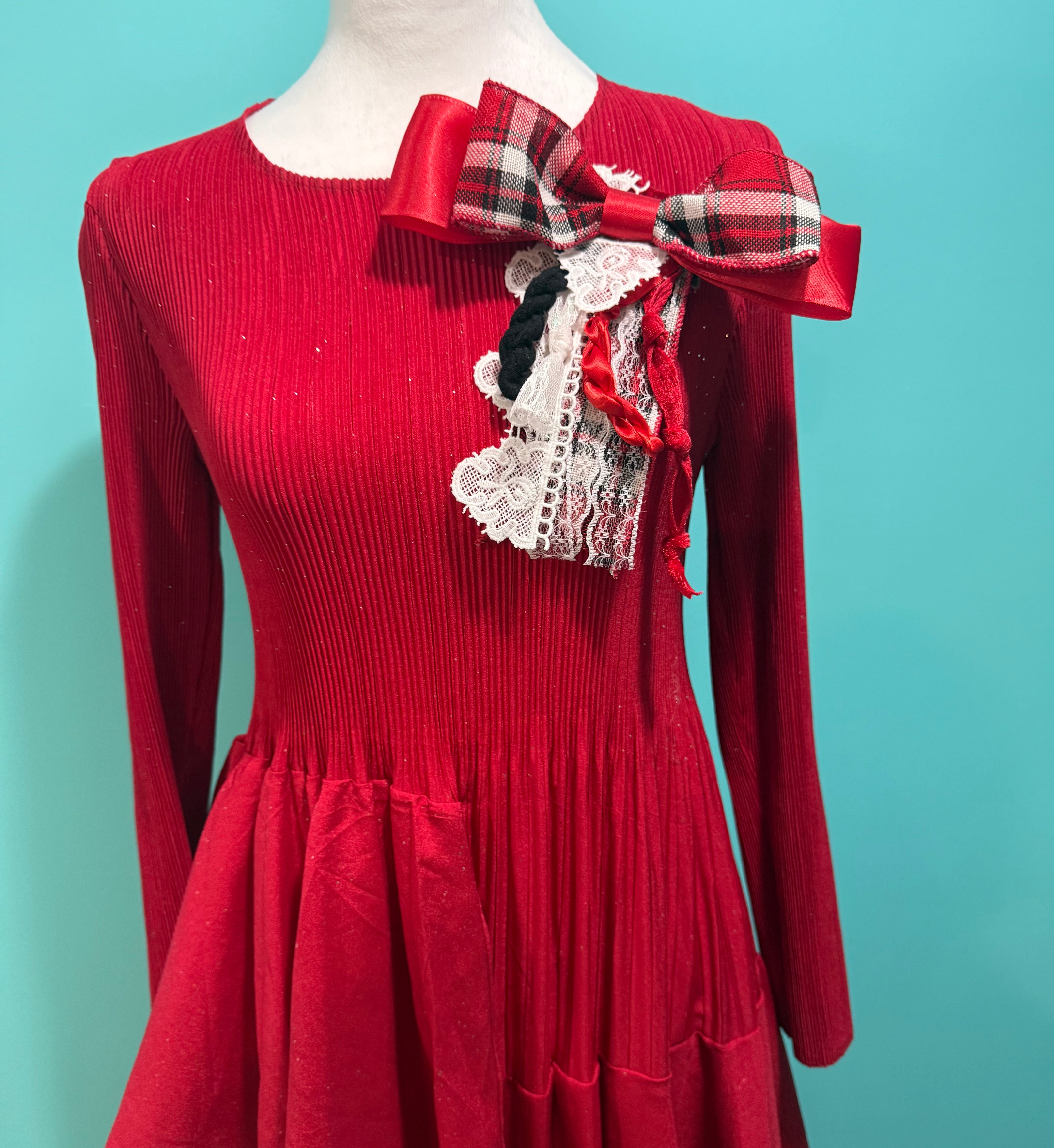 Red Plaid Bow Brooche - Handmade