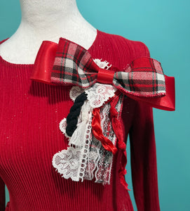 Red Plaid Bow Brooche - Handmade