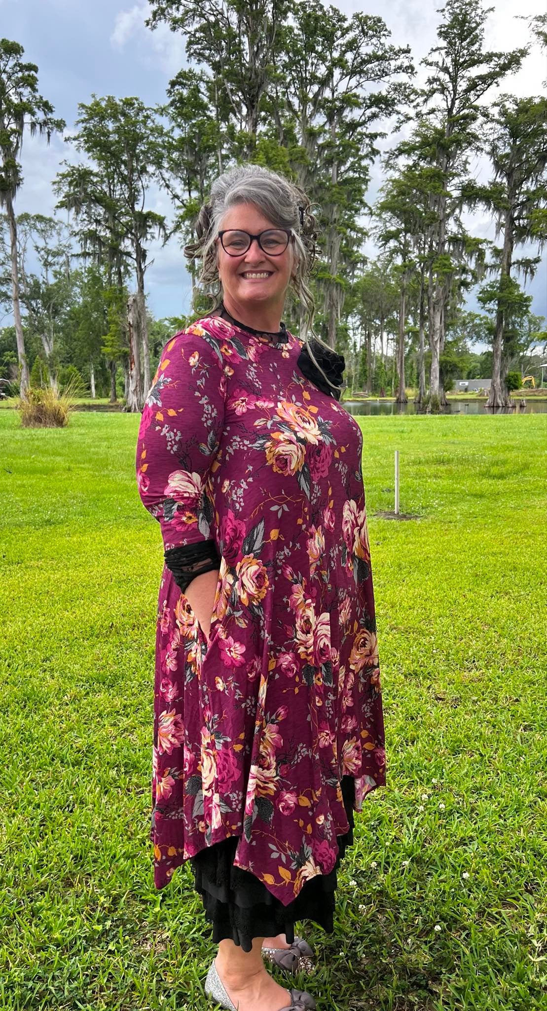 Floral Delight Dress In Burgundy. Curvy