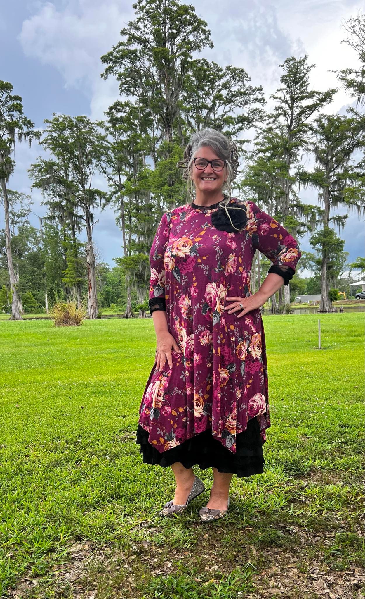 Floral Delight Dress In Burgundy. Curvy
