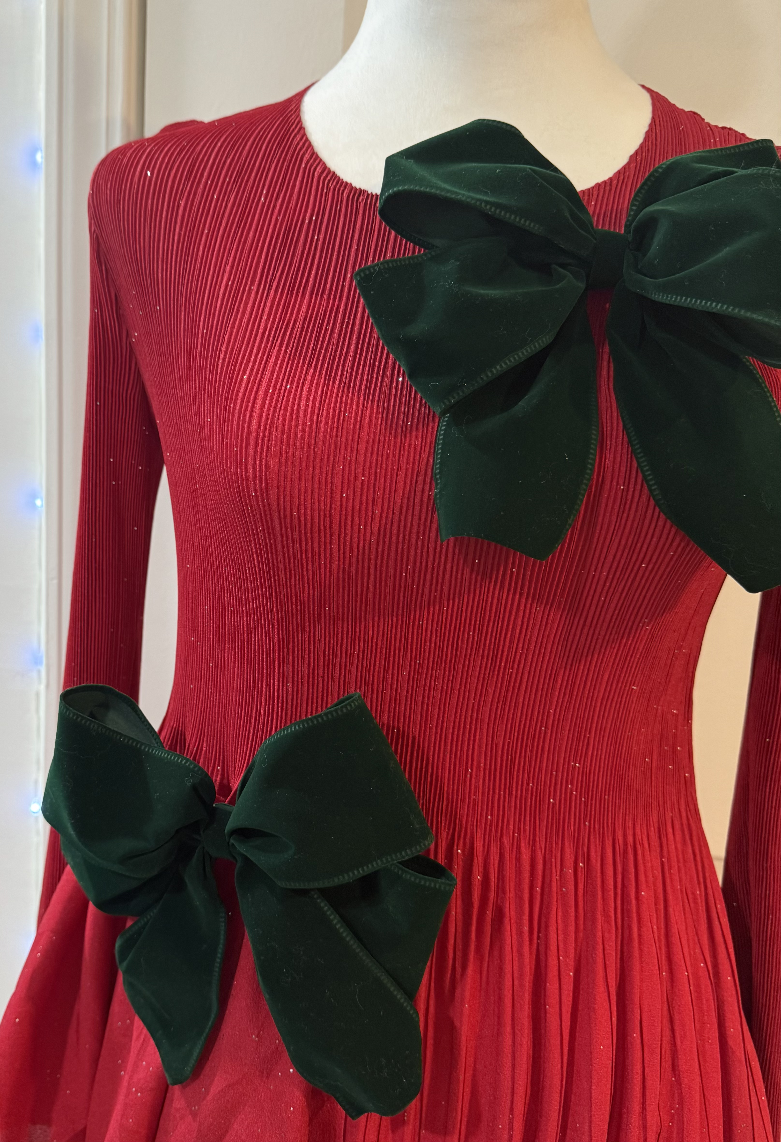 Bow'd for the Holidays Dress in Red Color with Green Bows