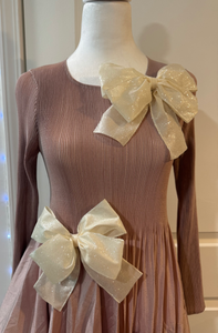 Bow'd for the Holidays Dress in Pink Color with Cream Sparkle Bows