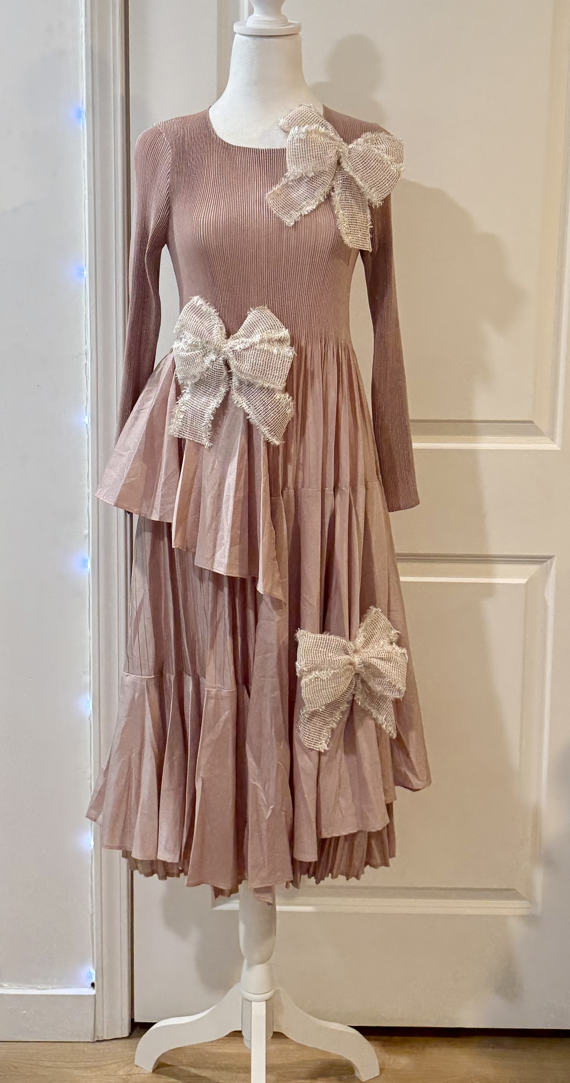 Bow'd for the Holidays Dress in Pink Color with White Distressed Bows