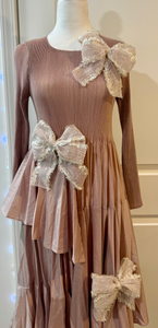 Bow'd for the Holidays Dress in Pink Color with White Distressed Bows