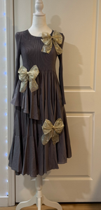 Bow'd for the Holidays Dress in Gray Color with Gold Sparkle Bows