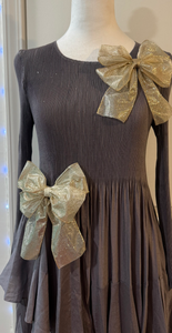 Bow'd for the Holidays Dress in Gray Color with Gold Sparkle Bows