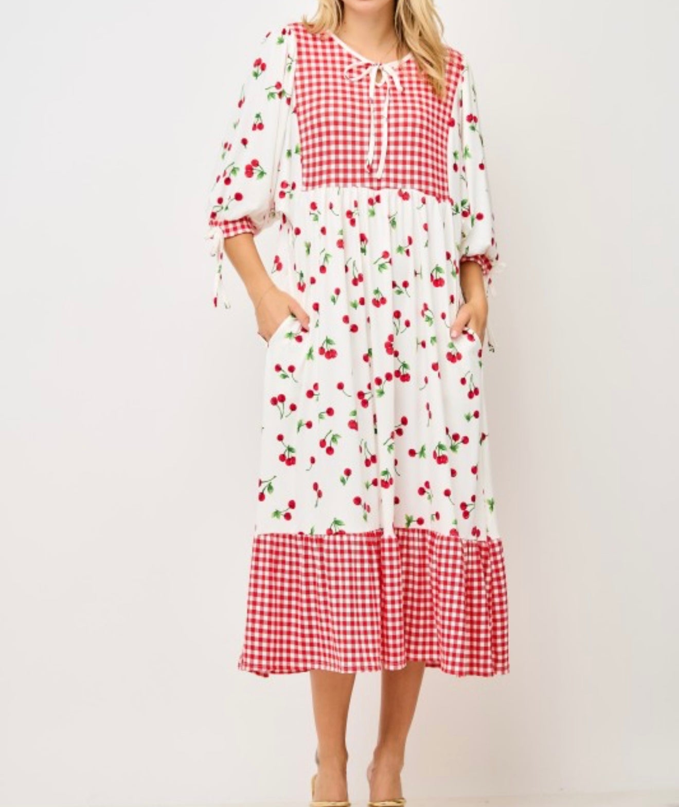Gingham & Cherries Delight Midi Dress* Sizes S - 3X