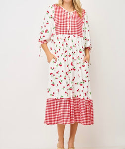 Gingham & Cherries Delight Midi Dress* Sizes S - 3X