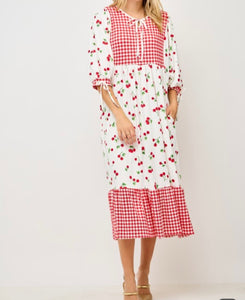 Gingham & Cherries Delight Midi Dress* Sizes S - 3X