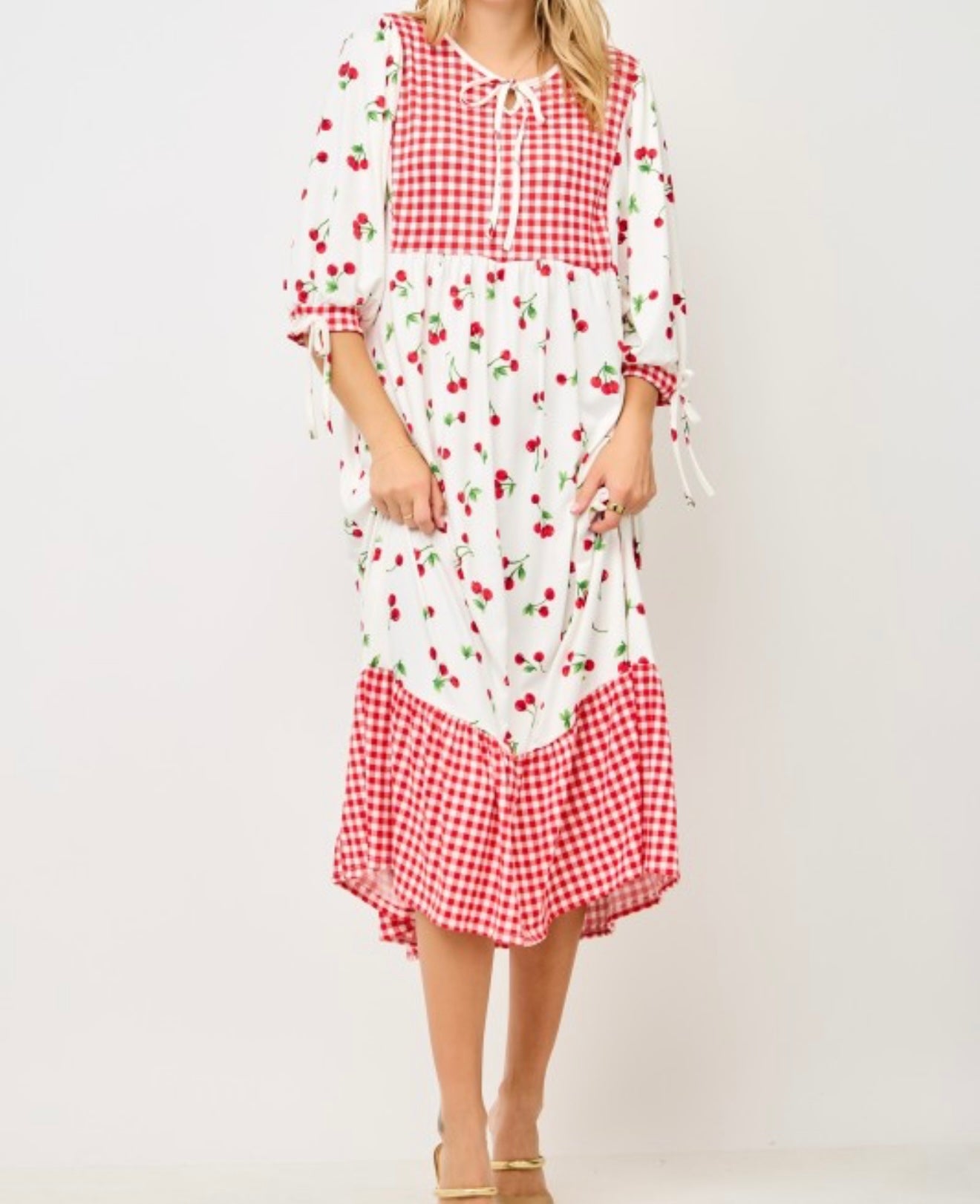 Gingham & Cherries Delight Midi Dress* Sizes S - 3X