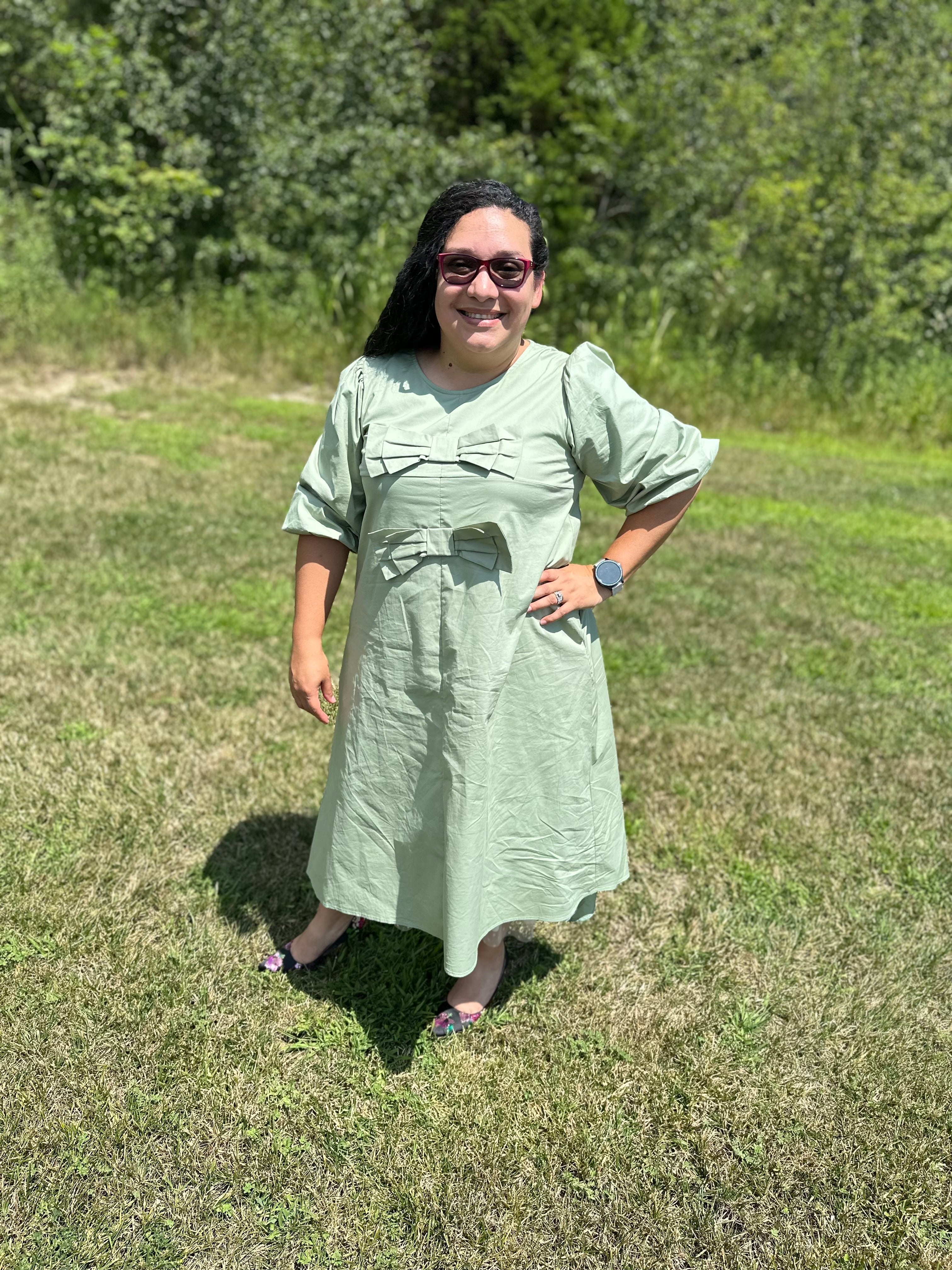 Double Bow Elegance in Sage Dress