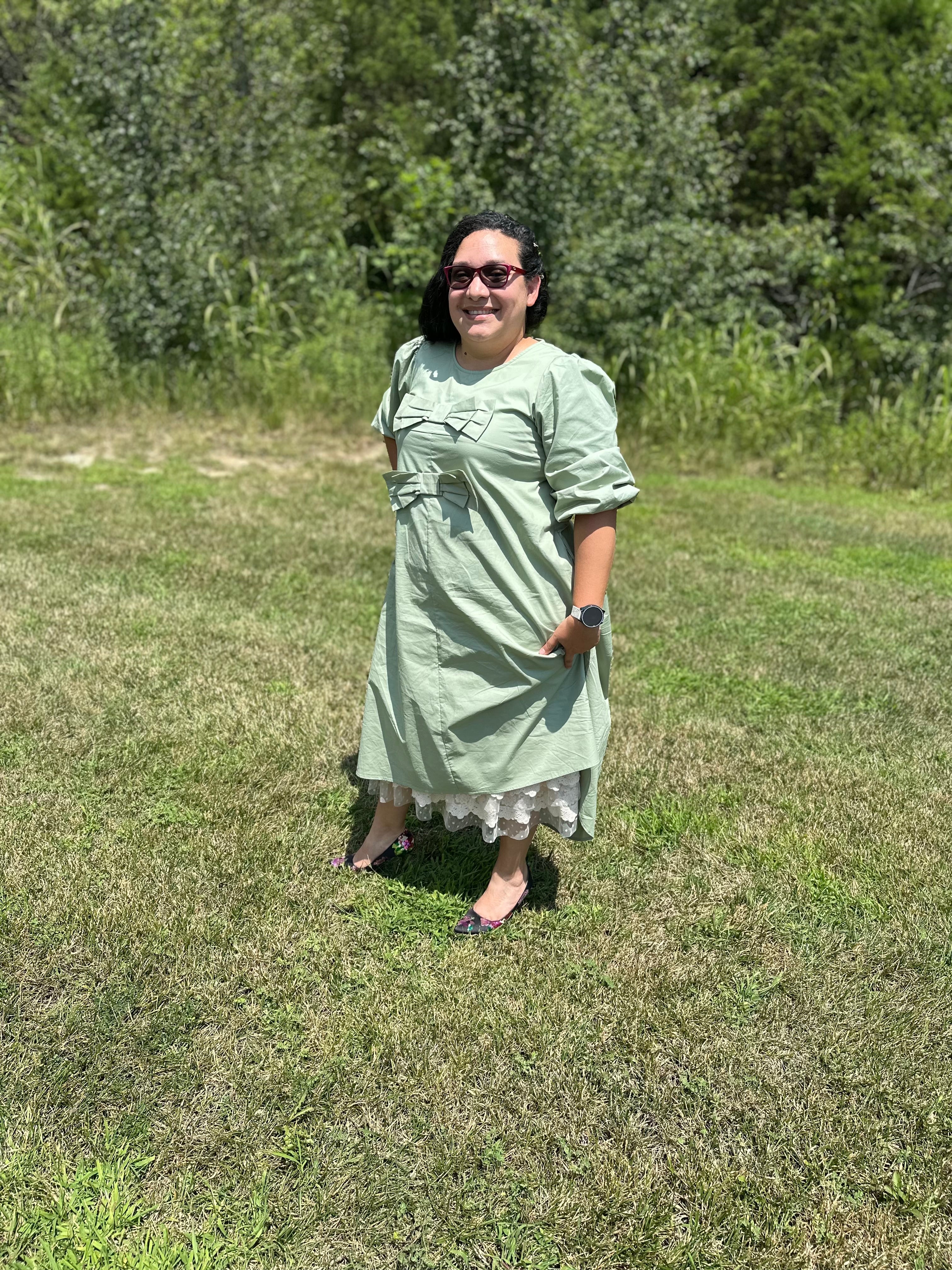 Double Bow Elegance in Sage Dress