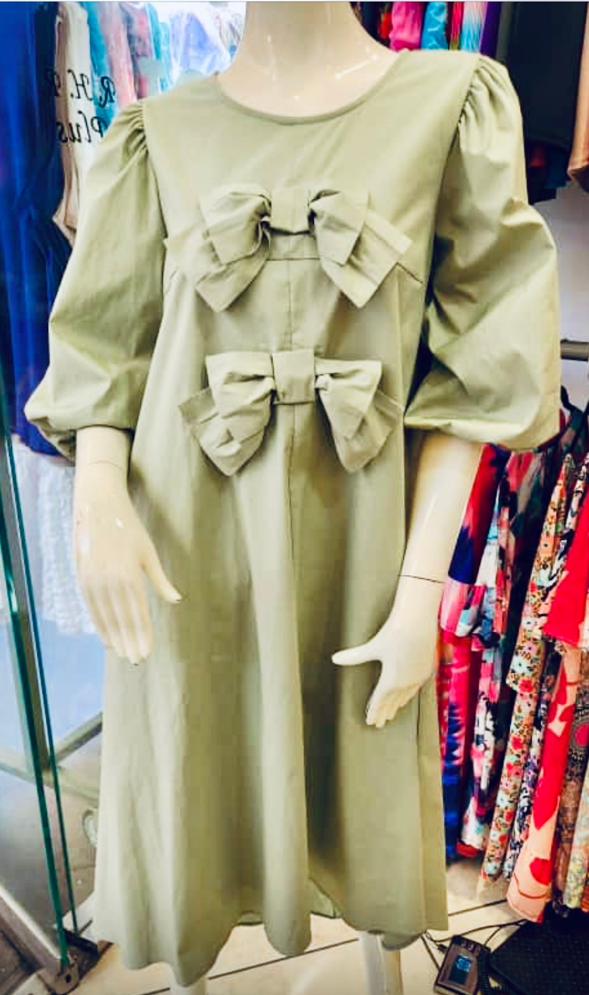 Double Bow Elegance in Sage Dress