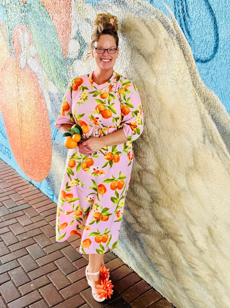 Sweet Orange Blossom Dress | Modest Midi Dress with Pockets