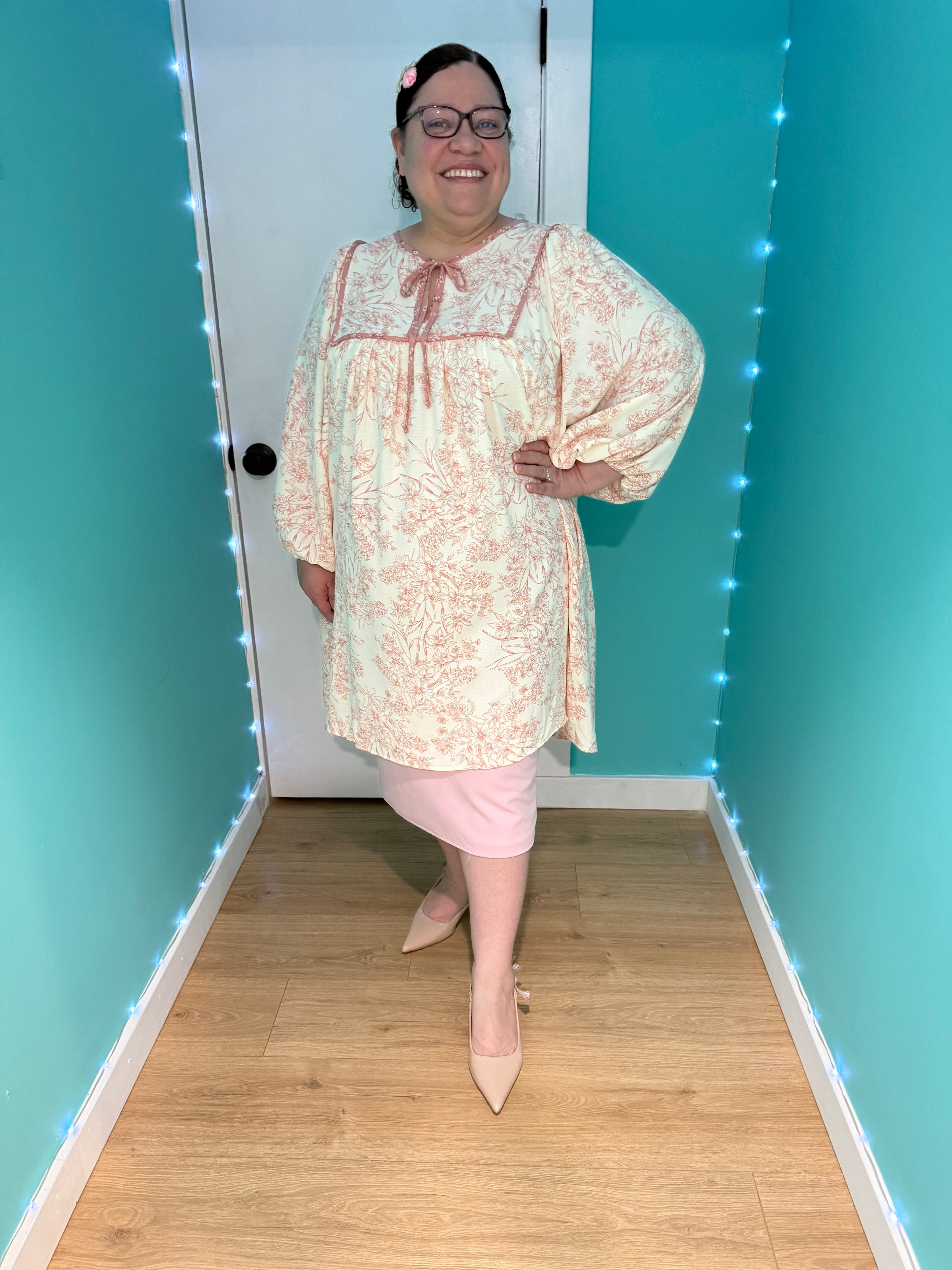 Spring Blossoms Tunic Dress ☆ Available in Cream/Coral Pink ☆CURVY