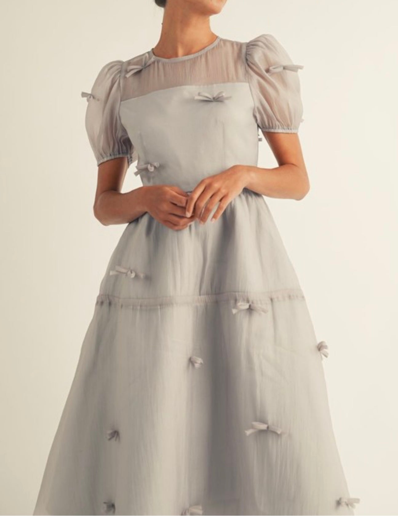 Holiday Luxe Ribbon Dress in Silver.