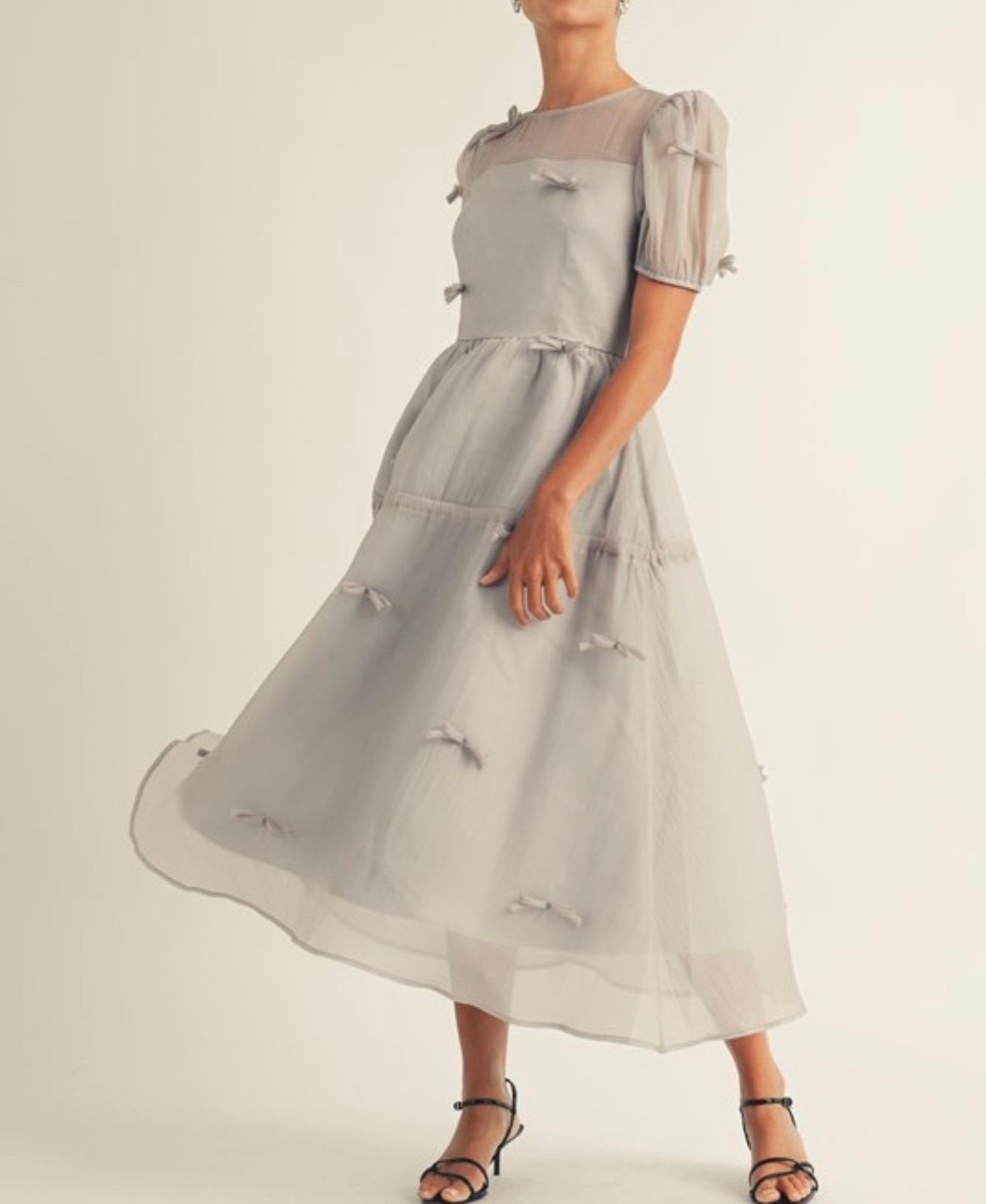 Holiday Luxe Ribbon Dress in Silver.