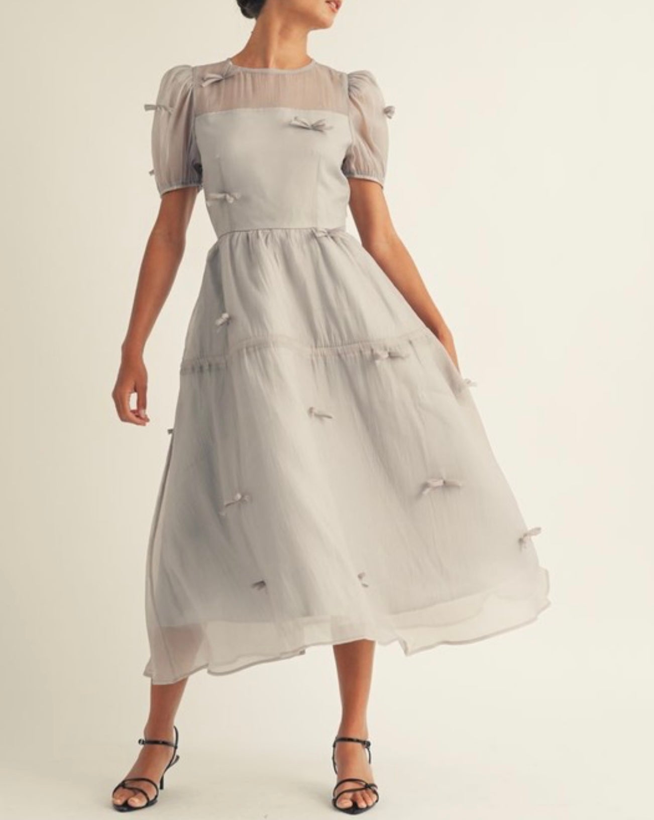 Holiday Luxe Ribbon Dress in Silver.