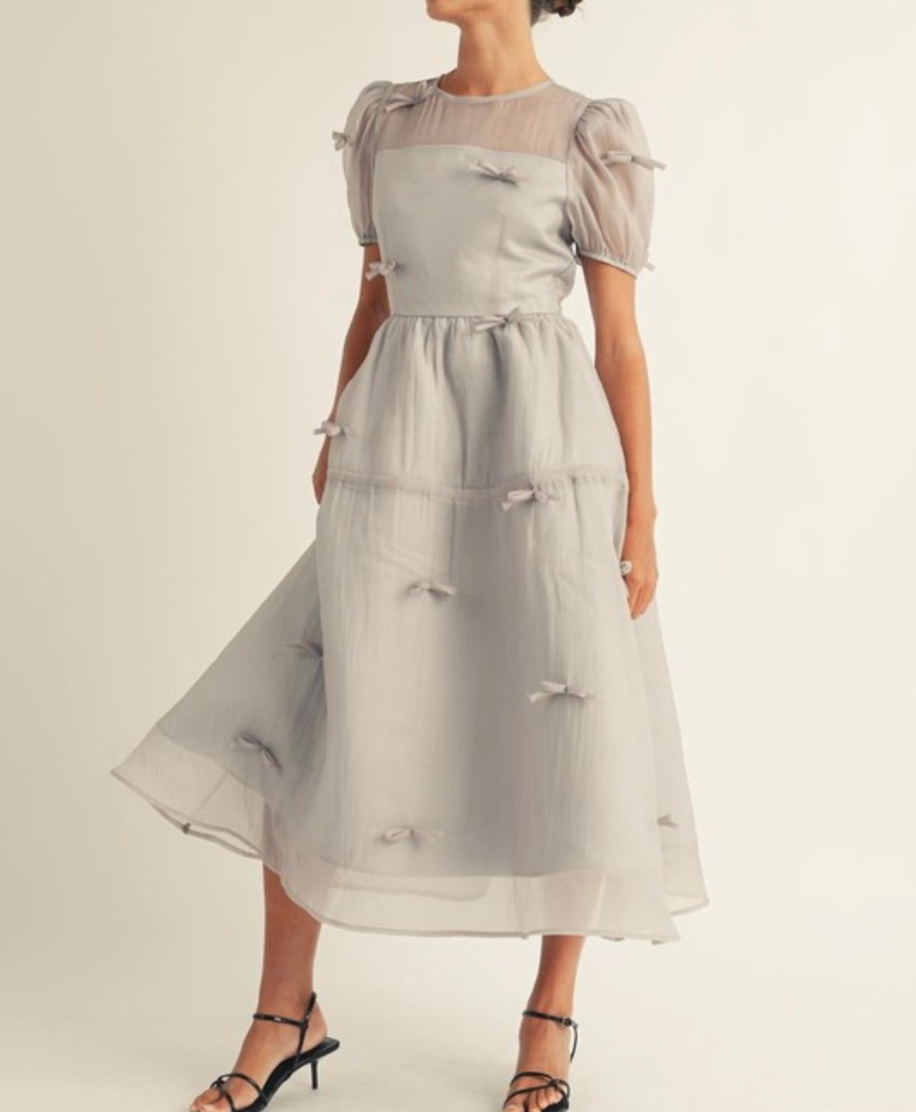 Holiday Luxe Ribbon Dress in Silver.