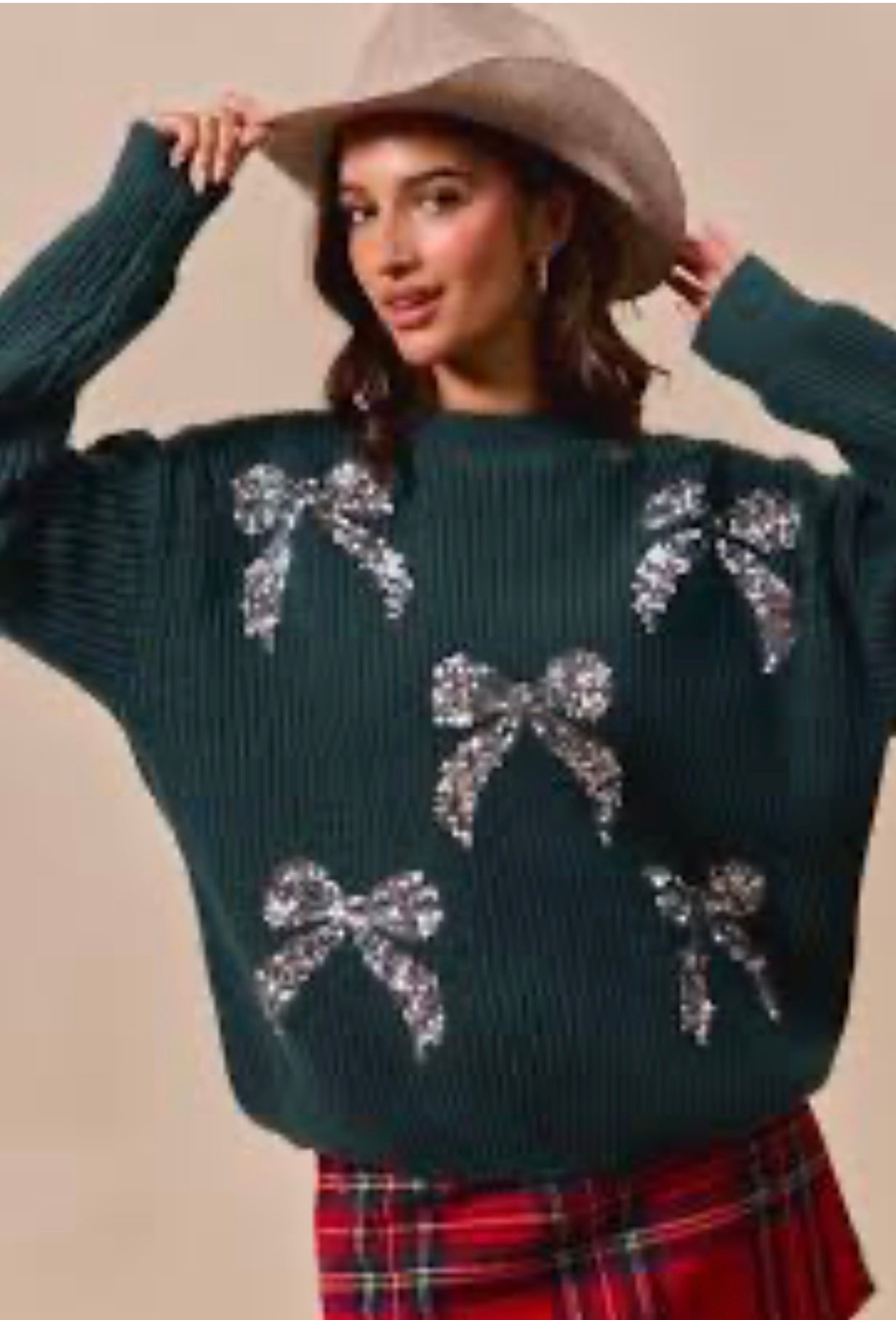 Silver Sparkle Bow Sweater in Hunter Green.