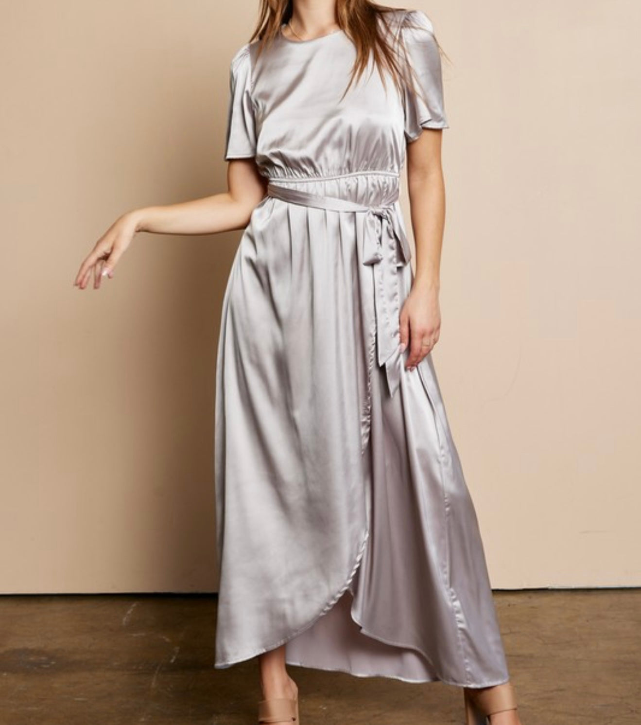 Gleaming in Satin Maxi Dress – Silver