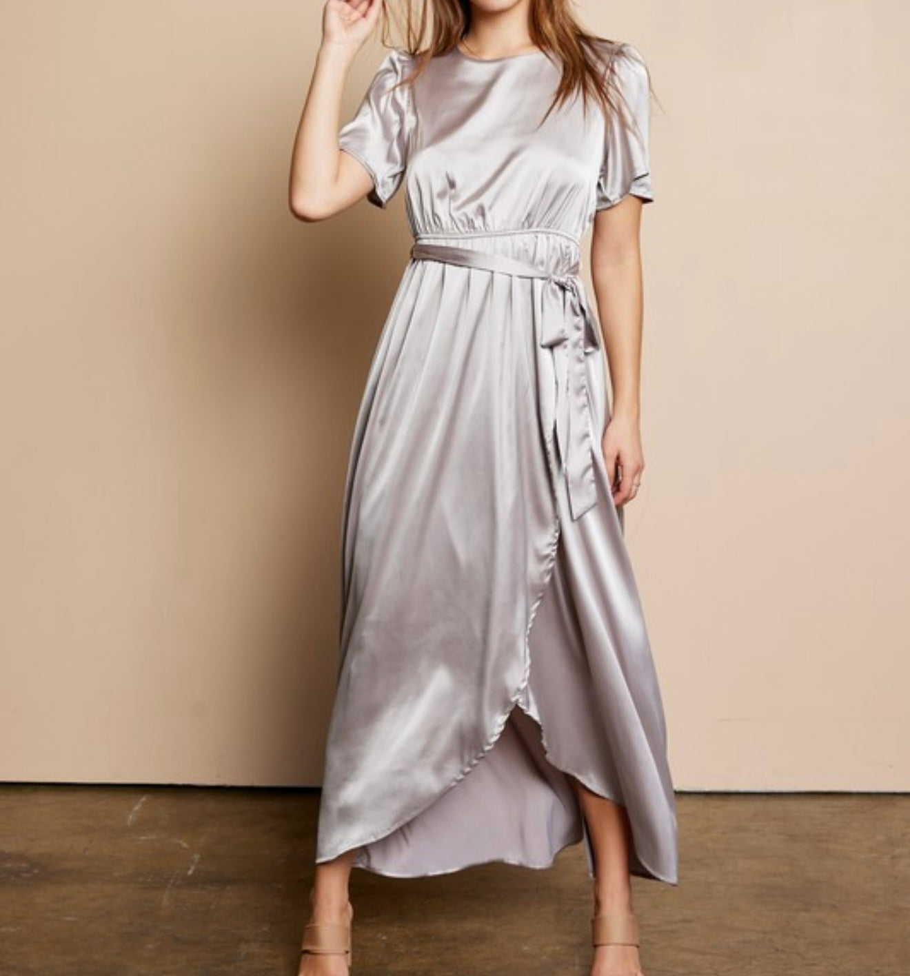 Gleaming in Satin Maxi Dress – Silver
