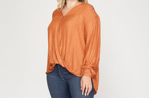 Rust Orange Color - V-Neck Neckline, Long Dolman Sleeve Top with Surplice Crossover Bodice Style, Shiny Leopard Print, Wide Cuffs on Sleeves, Side Slits on Bottom of Top