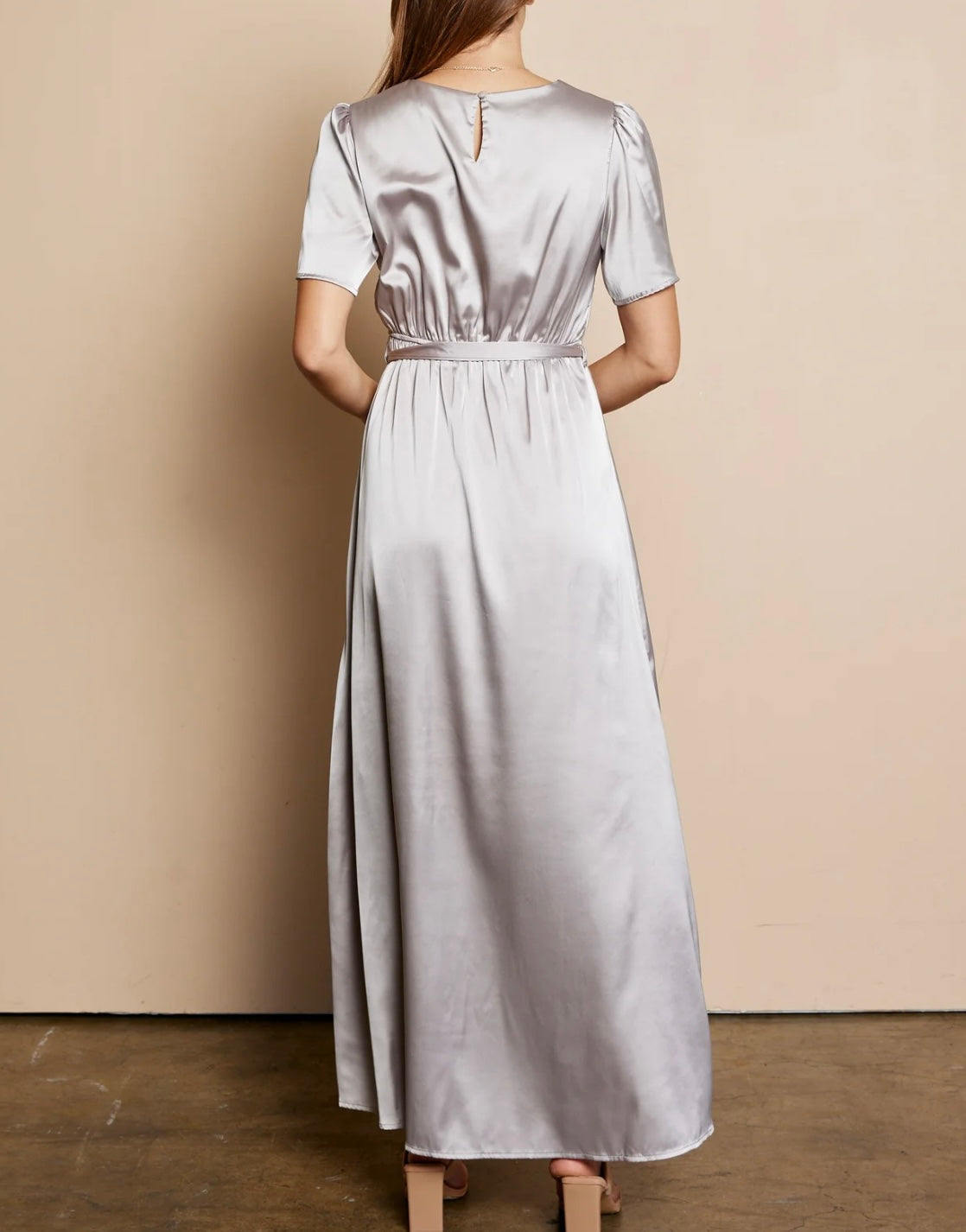 Gleaming in Satin Maxi Dress – Silver