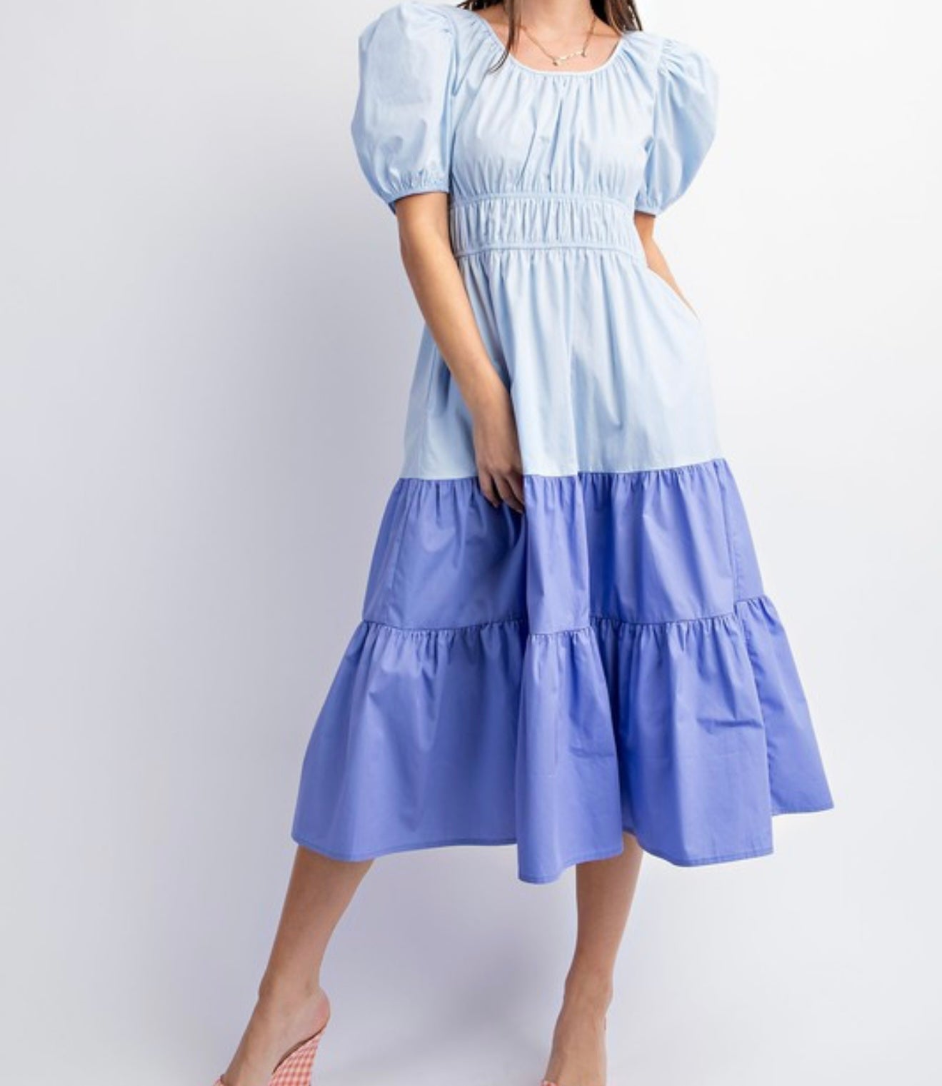 Sky & Periwinkle Puff Sleeve Tiered Midi Dress