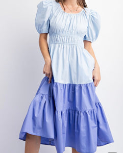 Sky & Periwinkle Puff Sleeve Tiered Midi Dress