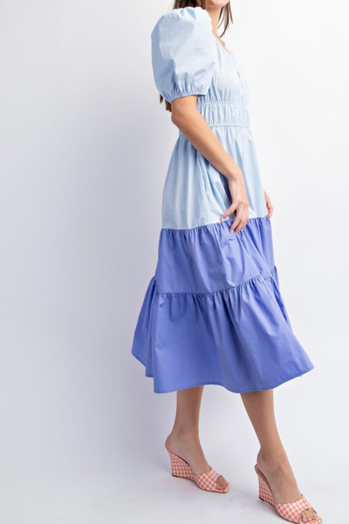 Sky & Periwinkle Puff Sleeve Tiered Midi Dress