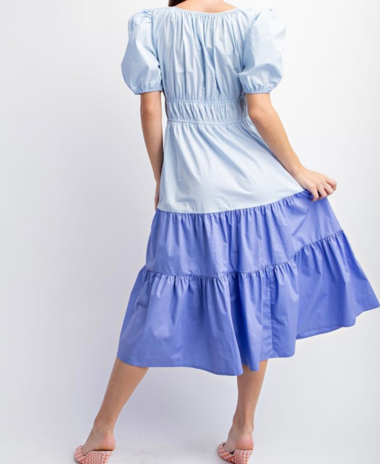 Sky & Periwinkle Puff Sleeve Tiered Midi Dress