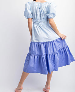 Sky & Periwinkle Puff Sleeve Tiered Midi Dress