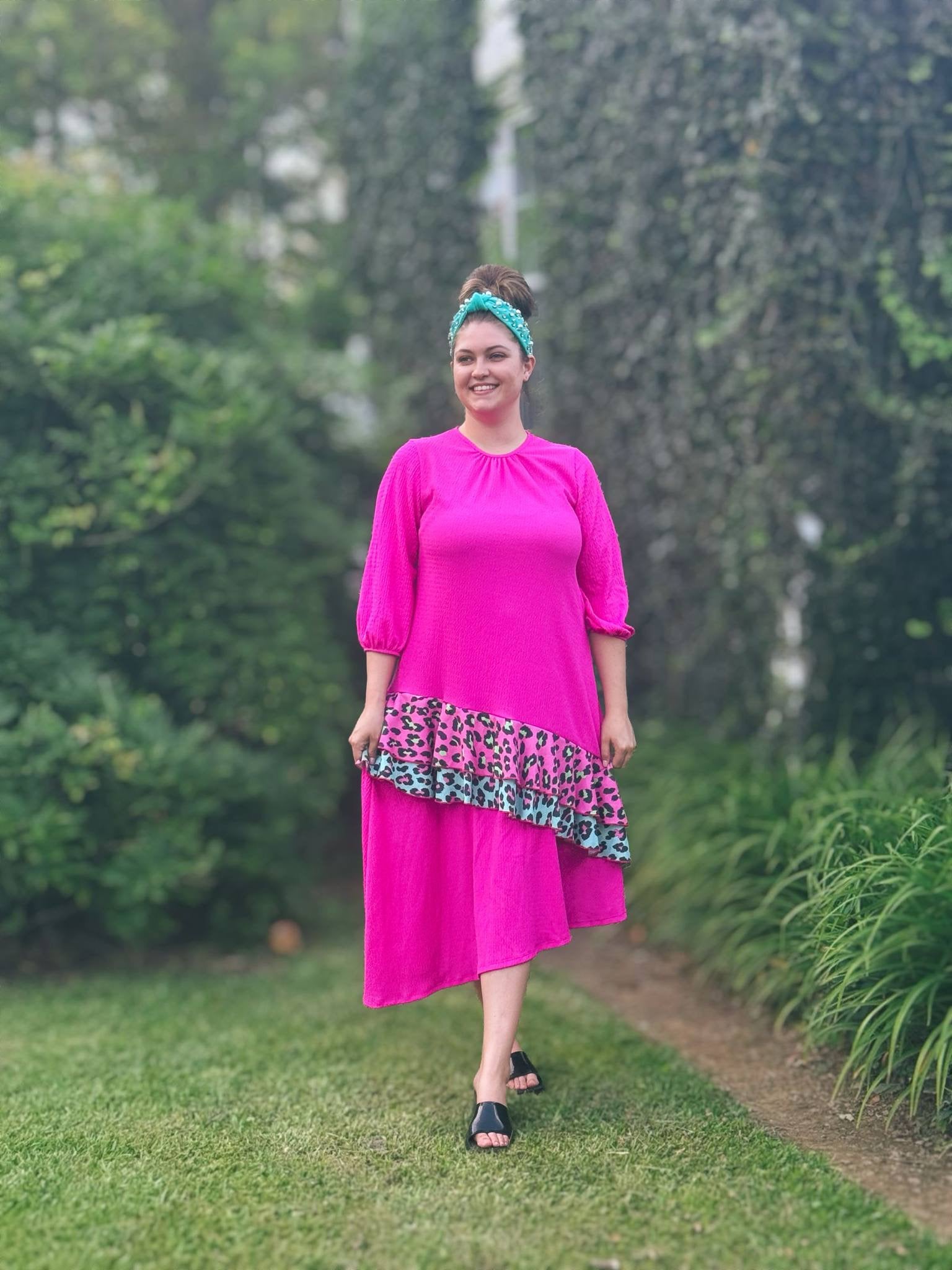 Spring Leopard Frill Dress In Fuchsia*Sizes S - 3X*IN STOCK