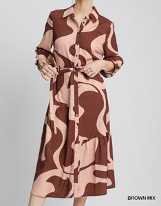 Wavy Fashion Dress ☆ In Stock ☆ Two-Toned Brown Color with Wavy Pattern with Collared Neckline, Button Front, and Waist Cinching Self Tie, 3/4 Sleeves