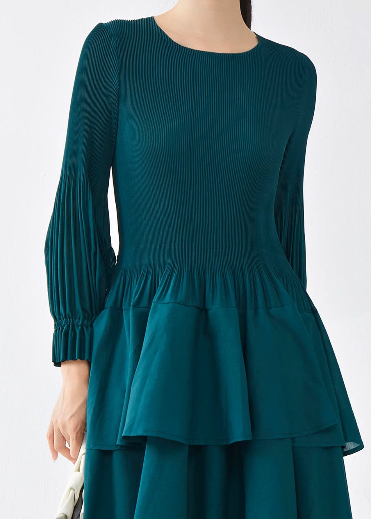 Closer Detailed View of Green Tiered One Size Dress with Pleated Detail and Ruffled Skirt