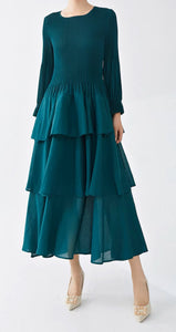 Green Tiered One Size Dress with Pleated Detail and Ruffled Skirt