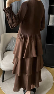 Back View of Chocolate Splendor Dress showing Pleated Detail and Ruffles in Brown Color