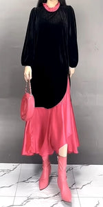 Black/Red Color - Holiday Glamour Dress - Midi Length - Round Neck - Long Lantern Sleeves - Color Splice Design