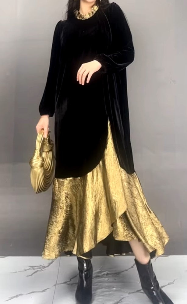 Black/Gold Color - Holiday Glamour Dress - Midi Length - Round Neck - Long Lantern Sleeves - Color Splice Design