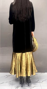 Back View of Black/Gold Color - Holiday Glamour Dress - Midi Length - Round Neck - Long Lantern Sleeves - Color Splice Design