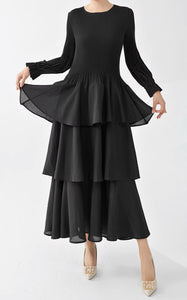 View of Ruffles on Black Tiered One Size Dress with Pleated Detail and Ruffled Skirt