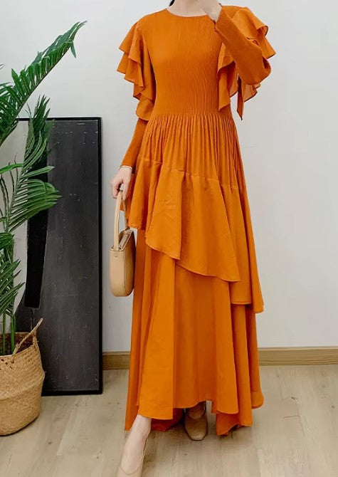 Orange Color - I Love Fall Dress ☆ Preorder ☆ ETA 2/3 Weeks - Tiered/Ruffled Sleeves Ending in Simple Long Sleeves - Pleating Detail and Irregular Ruffles Across Skirt