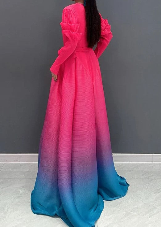 Back View of Pink Color - Graceful in Gradient Dress ☆ Preorder ☆ ETA 2/3 Weeks - Stretchy/Scrunchy Ruffle Long Sleeves - Gradient Color Scheme (Pink, Blue, Purple) - Flowy Maxi Style - Round Neck