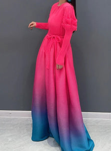 Side/Front View of Pink Color - Graceful in Gradient Dress ☆ Preorder ☆ ETA 2/3 Weeks - Stretchy/Scrunchy Ruffle Long Sleeves - Gradient Color Scheme (Pink, Blue, Purple) - Flowy Maxi Style - Round Neck