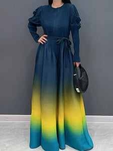 Navy Color - Graceful in Gradient Dress ☆ Preorder ☆ ETA 2/3 Weeks - Stretchy/Scrunchy Ruffle Long Sleeves - Gradient Color Scheme (Blue,Yellow, Green, Teal) - Flowy Maxi Style - Round Neck