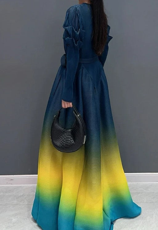 Back View of Navy Color - Graceful in Gradient Dress ☆ Preorder ☆ ETA 2/3 Weeks - Stretchy/Scrunchy Ruffle Long Sleeves - Gradient Color Scheme (Blue,Yellow, Green, Teal) - Flowy Maxi Style - Round Neck