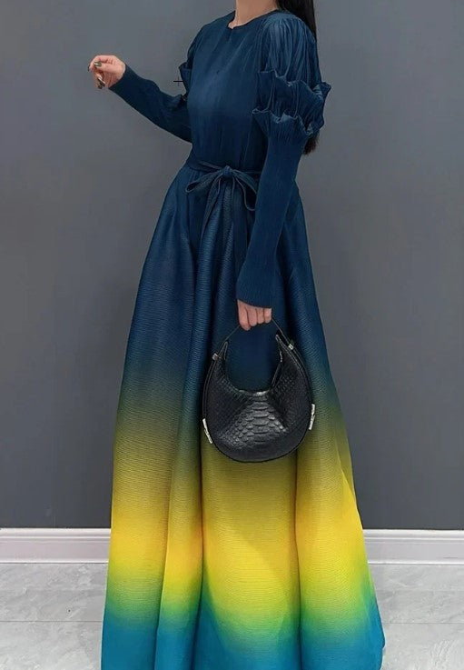 Side/Front View of Navy Color - Graceful in Gradient Dress ☆ Preorder ☆ ETA 2/3 Weeks - Stretchy/Scrunchy Ruffle Long Sleeves - Gradient Color Scheme (Blue,Yellow, Green, Teal) - Flowy Maxi Style - Round Neck